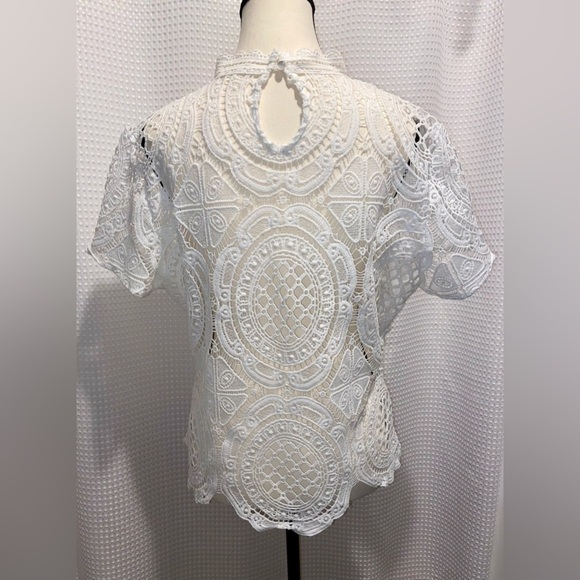 Women Ultra Pink short sleeves all over lace crochet scallop hem white top Sz XL - Picture 8 of 10